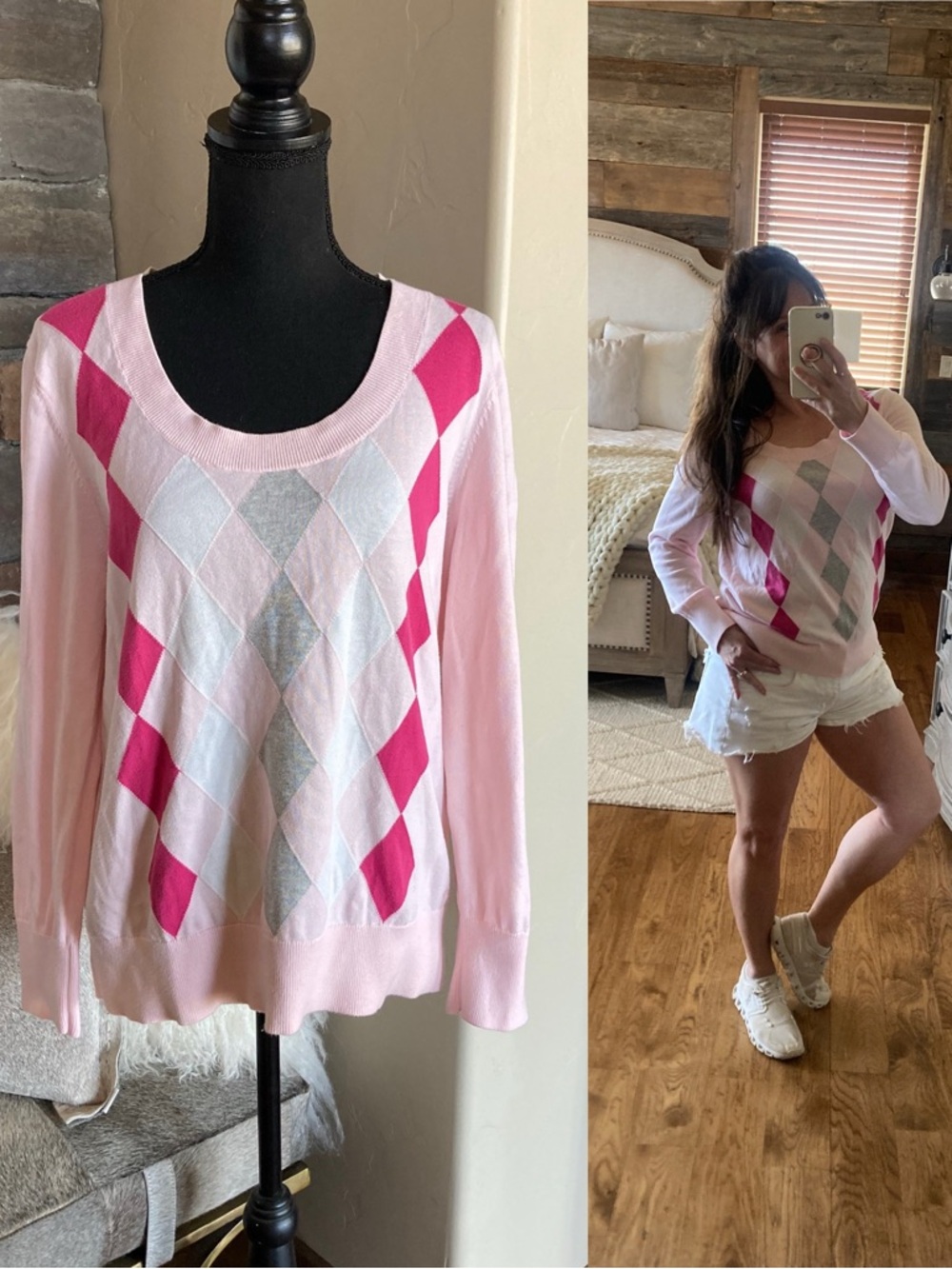 Y2K Tommy Hilfiger Preppy Argyle Schoolcore Baby Pink Cotton Sweater